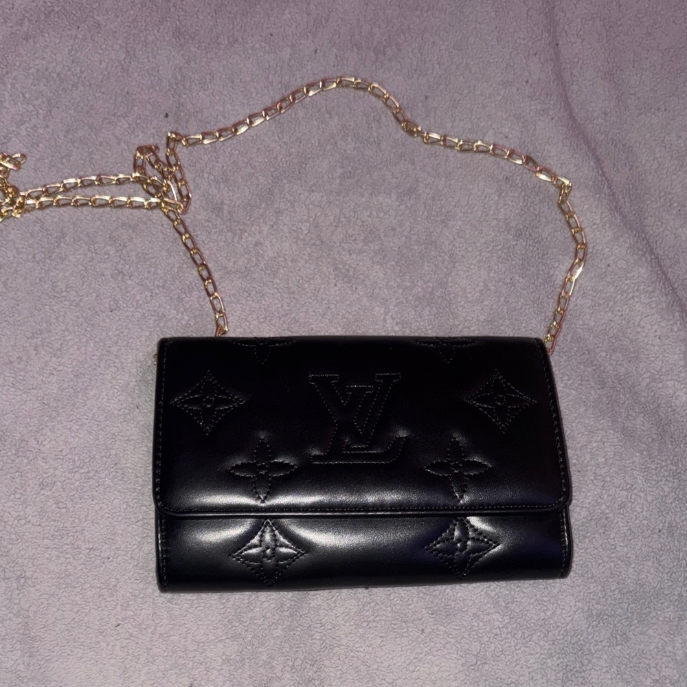 Black Leather Quilted Chain Wallet
